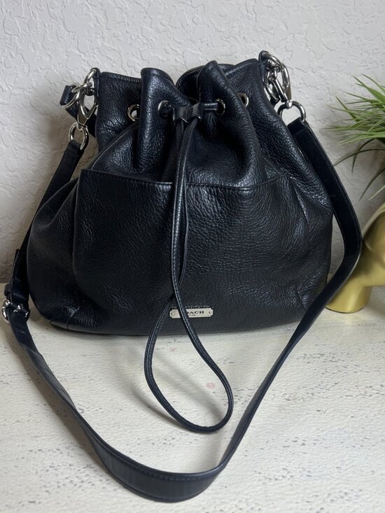 Coach Handbags - Coach (2013) Avery Black Leather Classic Drawstring Bucket Bag Model F27003